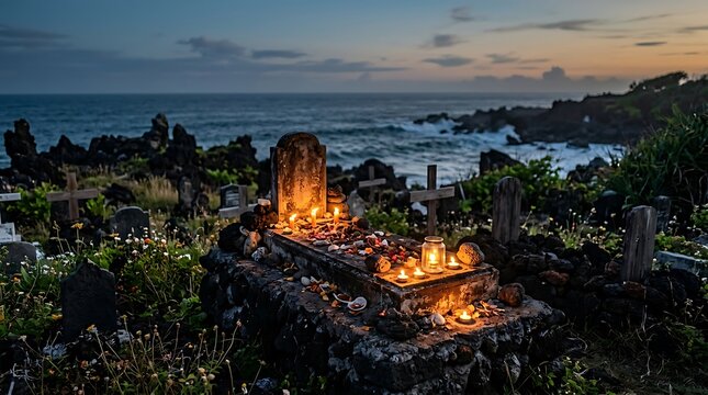 Old seaside cemetery graves lit by candles at twilight