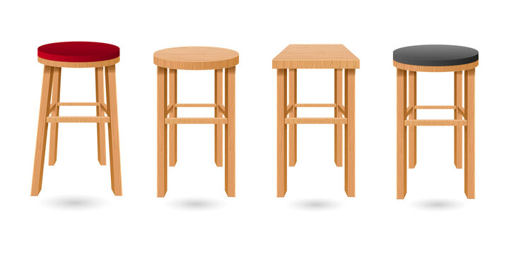 Four wooden bar stools with different seat colors on transparent background