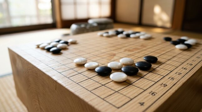 Traditional Japanese Go Board with Black and White Stones on a Thick Wooden Goban in a Zen Interior