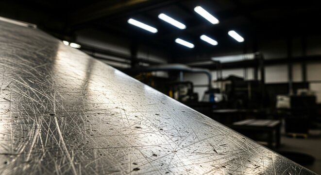 Close-up perspective of a heavy-duty industrial steel workbench surface featuring extensive scratches and worn metal textures