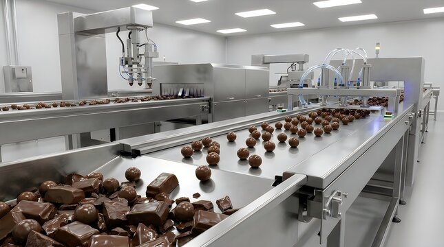 Chocolate factory production line with conveyor belts moving spheres and bars in modern food