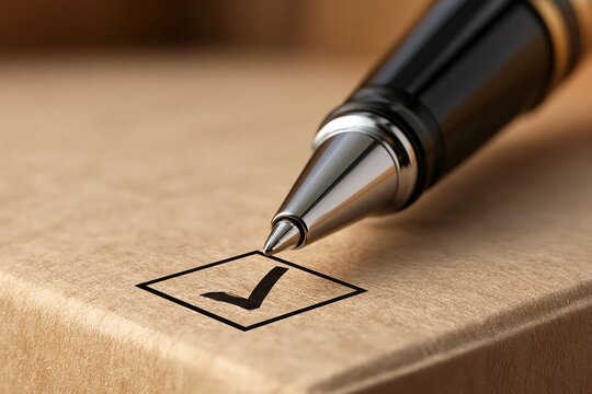 Ballpoint pen checking box on cardboard surface commercial concept