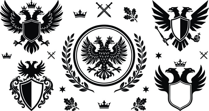 Heraldic Black Silhouette Crest Set with Double Headed Eagles Shields Laurel Wreaths Crowns and Swords for Vintage Luxury Designs