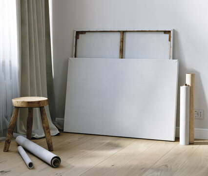 Canvas Mockup in Artist Studio, 3D Render