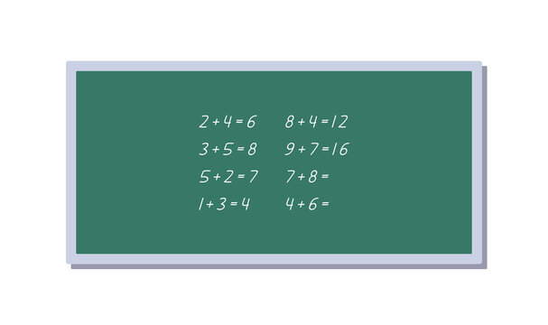 Math exercises, addition problems written on classroom chalkboard, basic arithmetic practice with unfinished equations, elementary education and learning concept flat illustration.