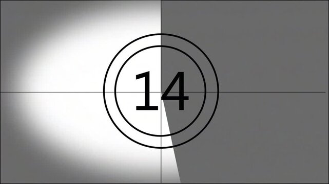 Classic monochrome film leader countdown featuring numbers 19 through 0 inside concentric circles with a rotating clock-hand wipe effect and vintage film grain/glitch artifacts.