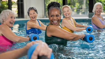 Fototapeta premium Smiling diverse senior women exercising with blue water dumbbells during an aqua fitness class in an indoor swimming pool, enjoying active healthy movement, strength training and social recreation