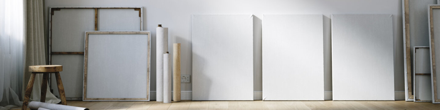 Canvas Mockup in Artist Studio, 3D Render