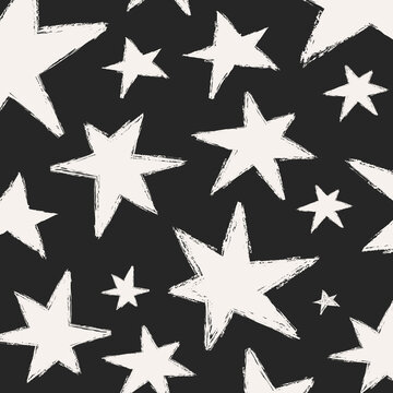 Seamless star pattern, black and white starry night background, endless repeating texture with scattered celestial shapes, simple print design for textile, fabric, wallpaper and wrapping paper.