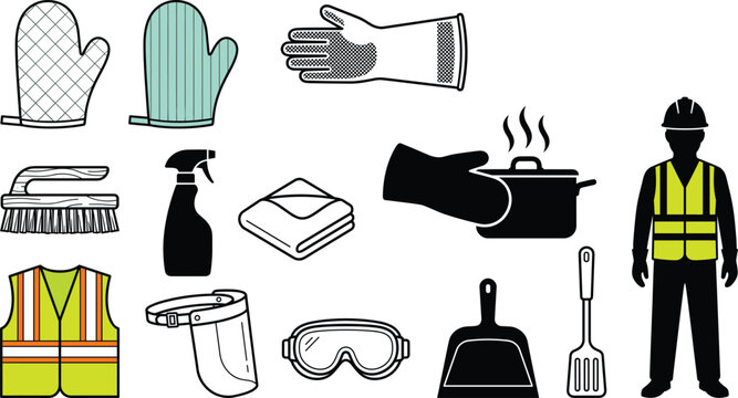 Personal Protective Equipment and Household Safety Icon Set with High Visibility Vest Goggles Gloves and Kitchen Tools