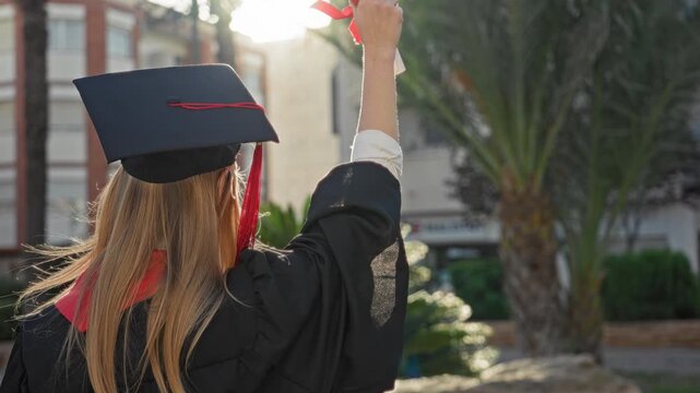 Woman holding diploma aloft with raised hand in black graduation gown and mortarboard outside building on sunlit university campus; achievement pride.