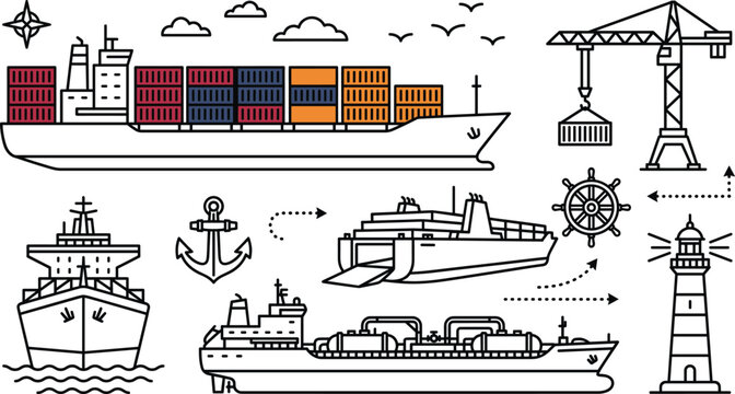 Maritime Shipping and Cargo Port Logistics Line Icon Set with Container Ships Cranes Lighthouses and Ferries
