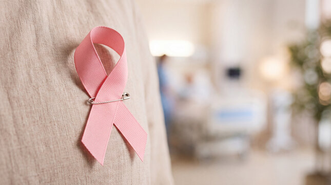 Pink ribbon pinned to clothing as a symbol of breast cancer awareness, support, and medical hope