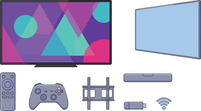 Smart TV Home Theater Vector Illustration Set with Soundbar Media Box Remote Control and Game Controller Icons