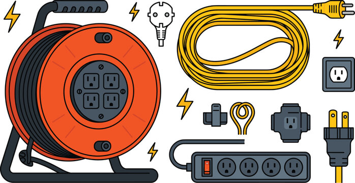 Electrical Extension Cord Reel and Power Strip Icon Set with Cables Plugs Sockets Adaptors and Lightning Bolt Symbols