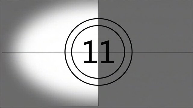 Classic monochrome film leader countdown featuring numbers 16 through 0 inside concentric circles with a rotating clock-hand wipe effect and vintage film grain/glitch artifacts.