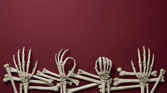 A 3d halloween skeleton hand background border featuring realistic bone structures arranged on a dark deep red textured surface backdrop
