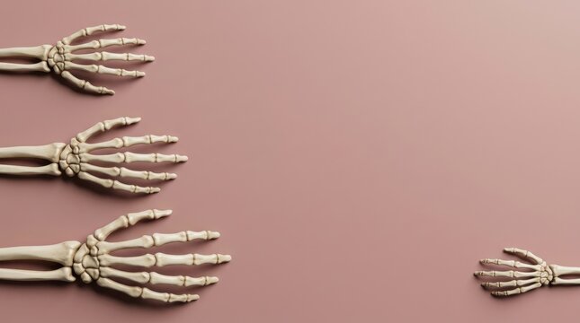 A festive 3d halloween skeleton hand background border featuring multiple bony hands arranged creatively on a soft brown surface