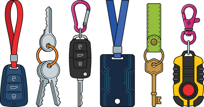 Key and Keychain Vector Element Set with Smart Car Fobs Metal House Keys Lanyards and Carabiner Accessories