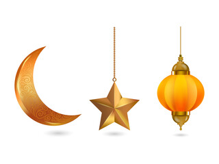 Golden crescent moon star lantern Ramadan Eid Mubarak decorations on transparent background © Mahmuda