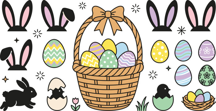 Easter Celebration Vector Element Set with Colorful Decorated Eggs Basket Bunny Ears Silhouette and Hatching Chicks