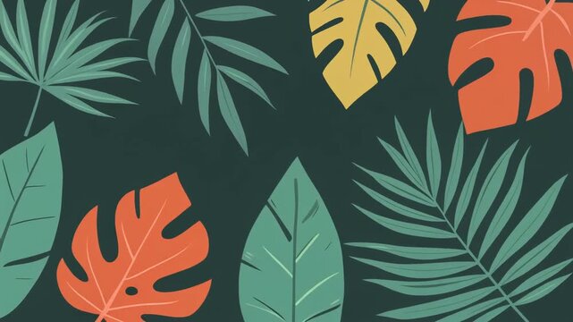Vibrant Tropical Leaves in Various Shades of Green and Orange on a Dark Background