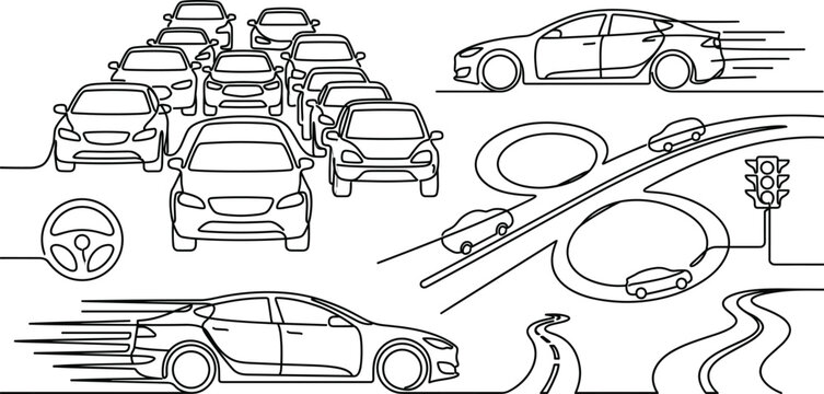 Traffic and Transportation Continuous Line Art Vector Set Featuring Car Traffic Jam Highway Interchange and Fast Vehicles