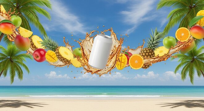 Empty aluminum soda can floating in a refreshing tropical fruit juice splash with mango pineapple and apple slices on a beach background