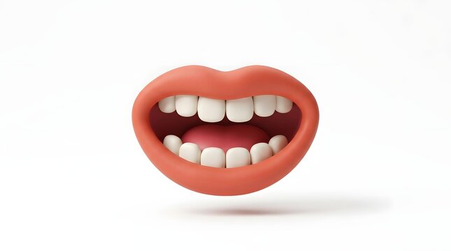 Stylized cartoon mouth with bright red lips and white teeth showing a wide happy expression in 3d digital art