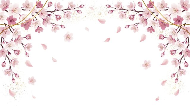 Pink cherry blossom branches with falling petals and gold accents on a white background for spring design