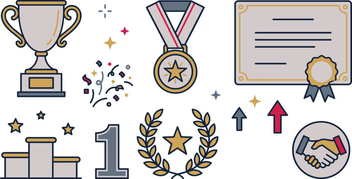 Award and Achievement Icon Set with Trophies, Medals, Certificates, Winner Podiums, and Celebration Symbols for Success