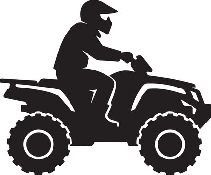 A black graphic icon of a person riding an all terrain vehicle in a clean flat design silhouette