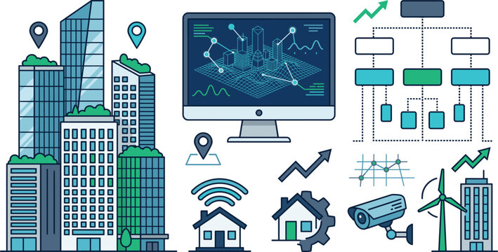 Smart City and Building Automation Icon Set with Sustainable Skyscrapers, Monitoring Dashboards, Security, and Flowchart Symbols