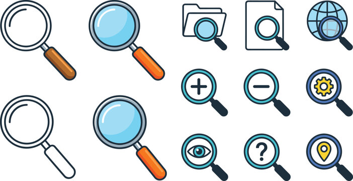 Magnifying Glass and Search Icon Set with Zoom, File Discovery, Globe, Location, and Analysis Symbols for UI Design