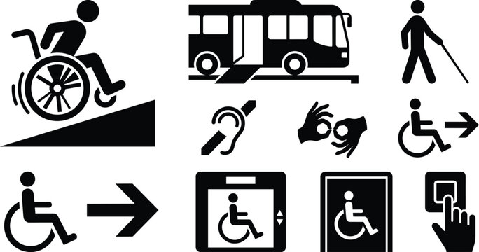 Disability Accessibility and Inclusion Icon Set Featuring Wheelchair Ramps, Accessible Transit, Blind, Deaf, and Sign Language Symbols