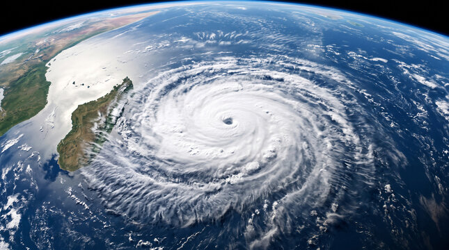 Satellite view of a massive tropical cyclone or hurricane swirling over the indian ocean near the coast of madagascar