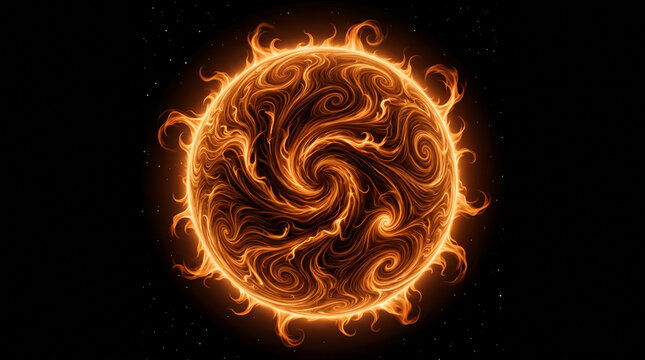 Abstract artistic representation of a glowing sun with swirling fiery patterns and solar flares against a dark starry space background