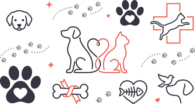 Veterinary Care and Pet Clinic Line Icon Set with Cat, Dog, Heart, Paw Prints, Cross, and Animal Welfare Symbols