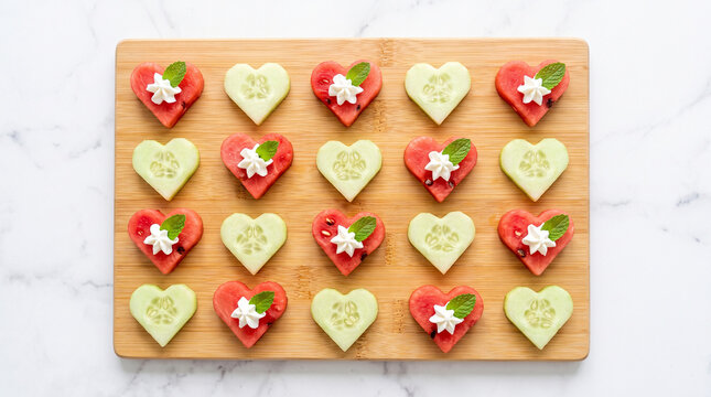 Heartshaped watermelon and cucumber slices topped with whipped cream and mint leaves arranged on a wooden cutting board
