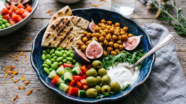 Healthy mediterranean grain bowl with chickpeas, edamame, fresh figs, olives, cucumber, red bell pepper, pita bread, and creamy dressing on a rustic wooden table