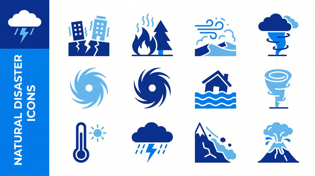 Set of natural disaster icons including earthquake, wildfire, storm, tornado, hurricane, flood, heatwave, landslide, and volcanic eruption