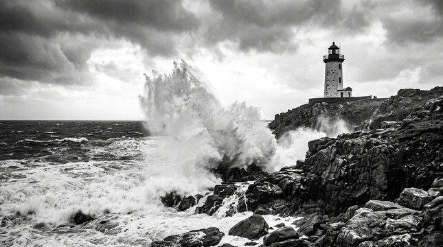 Dramatic black and white photograph of a lighthouse on a rocky coastline during a stormy day with powerful waves crashing against the shore
