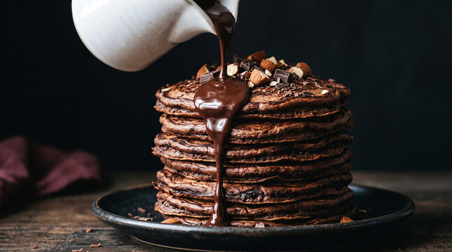 Stack of delicious chocolate pancakes being drizzled with melted chocolate sauce, topped with chopped almonds and chocolate chunks on a dark rustic background