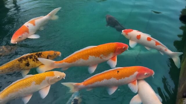 Vibrant orange and white koi fish swimming gracefully in clear blue water of a serene pond