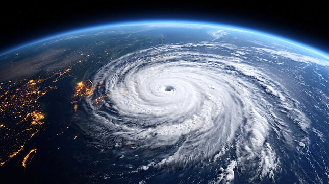 Satellite view of a massive hurricane spinning over the ocean at night with city lights visible on the nearby coastline