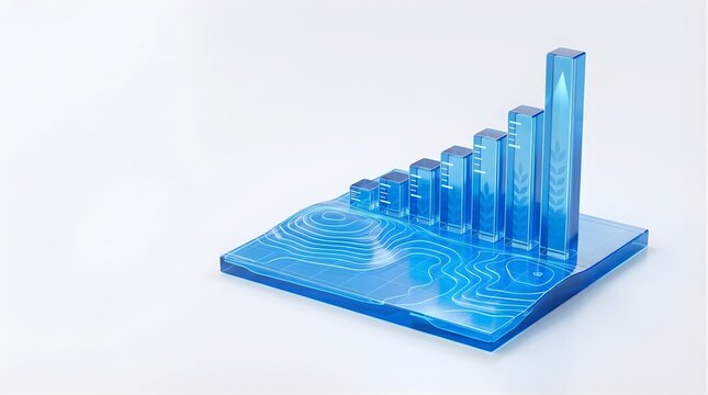 Blue glass 3D bar chart with topographic map on white background