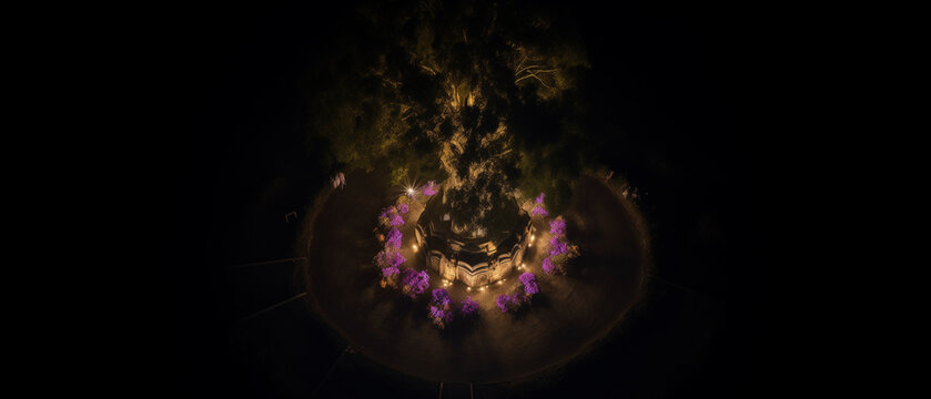 Serene Night Landscape Artwork Featuring vibrant Bodhi canopy with amber firelight and peaceful meditation