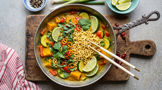 Top view of a delicious bowl of spicy curry noodle soup with vegetables, lime wedges, and fresh cilantro served in a rustic metal pan on a wooden board