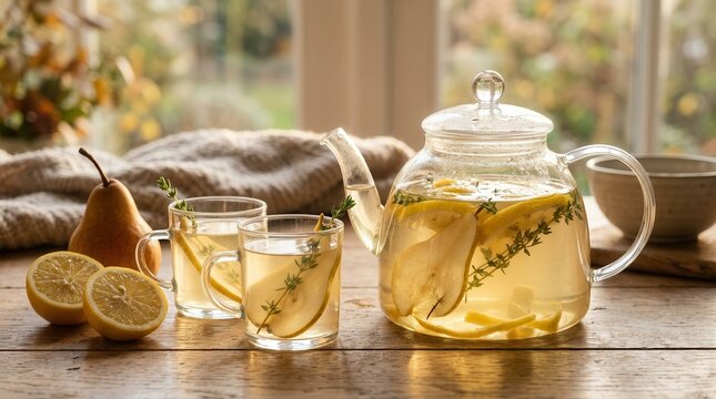 A refreshing herbal tea with lemon, pear, and thyme provides a natural vitamin boost. This healthy beverage supports a wellness-focused lifestyle.