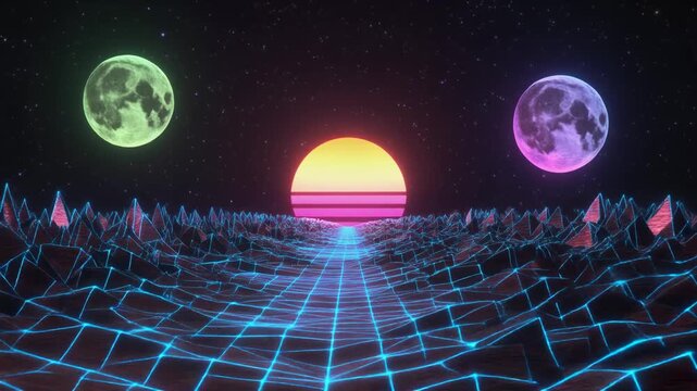 Neon synthwave landscape with a glowing wireframe grid, a large sun, and colorful planets in a retro-futuristic night sky.